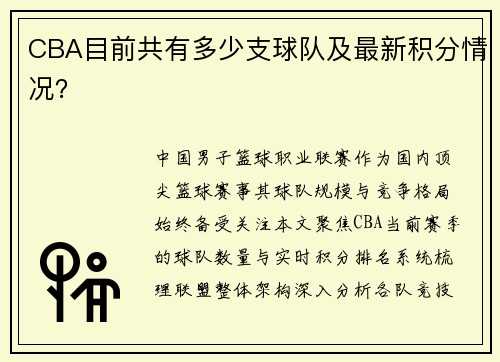 CBA目前共有多少支球队及最新积分情况？
